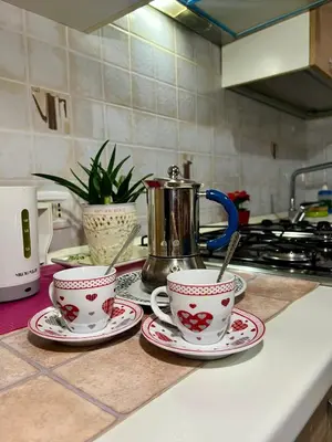 two cups and saucers sitting on a kitchen counter at Monolocale San Giovanni in Rome