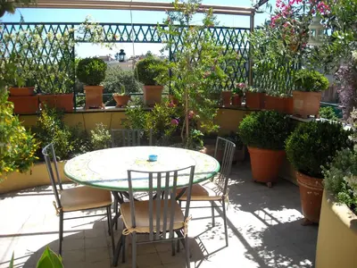 a table and chairs in a greenhouse with potted plants at Attico Monteverde in Rome