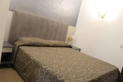 a bedroom with a bed with a brown bedspread at Hotel Galileo in Rome
