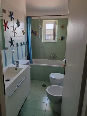 a bathroom with a sink and a toilet and a tub at Flat on Roman Rooftop in Rome