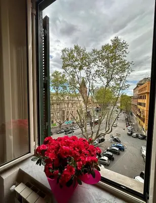 a window with a bunch of red flowers on a window sill at La Maison di Trastevere in Rome