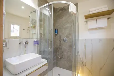 a bathroom with a shower with a sink and a toilet at Hotel Maximus in Rome