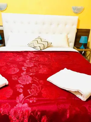 a large bed with a red blanket and pillows on it at Magenta Roma house in Rome