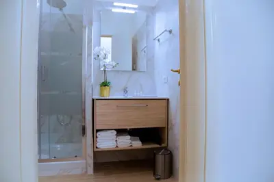 a bathroom with a shower and a sink with towels at Casa Donna Olimpia Appartamento Roma in Rome