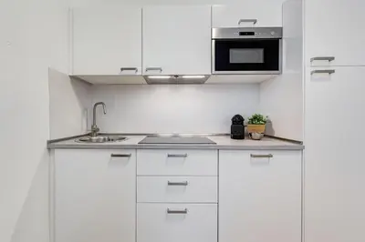 a white kitchen with a sink and a microwave at Colonna Luxury Apartment in Rome