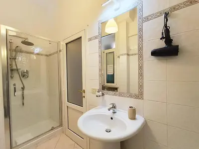 a bathroom with a sink and a shower at LAVINIA VATICAN HOME in Rome