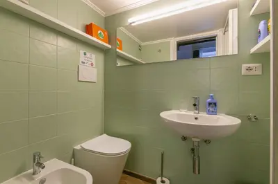 a green bathroom with a sink and a toilet at Trevi Little Palace #4 in Rome