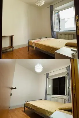 two pictures of a room with two beds and a window at h135 in Rome