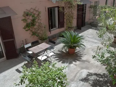 a patio with a table and chairs and a plant at Minerva House in Rome