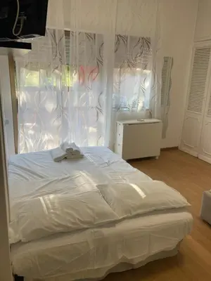 a bedroom with a large white bed with white curtains at Terrace! in Rome