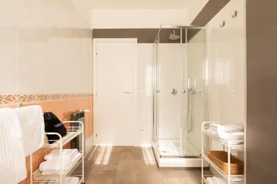 a bathroom with a shower and a glass shower stall at Domiziano Boutique Apartment in Rome