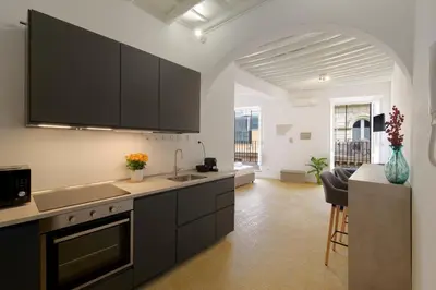 a kitchen with black cabinets and a living room at Monserrato Charme Apartment - Campo dei Fiori in Rome
