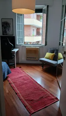 a living room with a red rug on a wooden floor at Dimora Qeeboo in Rome