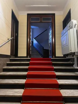 a stair case with a red carpet and a staircase at Modern Apartment near the Vatican in Rome