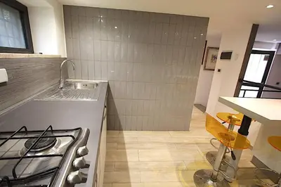 a kitchen with a stove and a counter top at Ponte Milvio Lovely Studio in Rome
