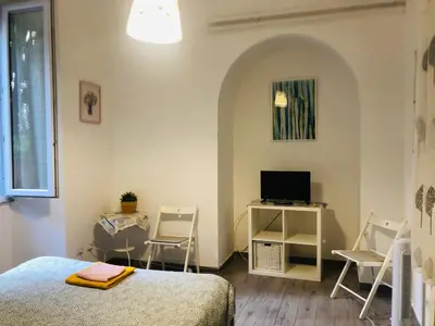 a bedroom with a bed and two chairs and a television at Colibrì Apartment in Rome