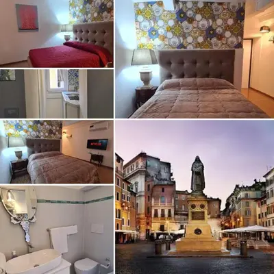 a collage of four pictures of a hotel room at Hybris Campo De' Fiori in Rome