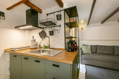a kitchen with a sink and a couch in a room at Trevi Little Palace #9 in Rome