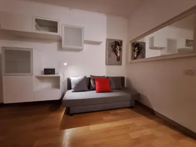a living room with a couch with a red pillow at Casa Vidaschi in Rome