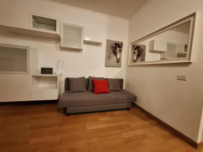 a living room with a couch with a red pillow at Casa Vidaschi in Rome