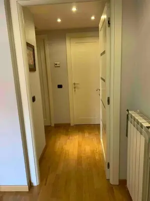 a hallway with a white door and a wooden floor at In Città- appartamento a Roma con terrazzo in Rome