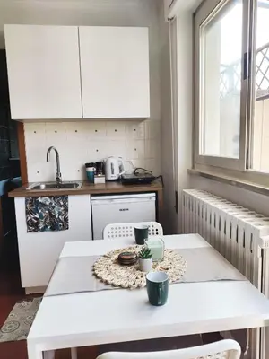 a kitchen with a table with chairs and a sink at Bright Penthouse 2 M stops from Vatican Museums in Rome