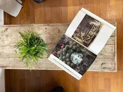 a table with a plant and a picture on it at Bright Penthouse 2 M stops from Vatican Museums in Rome