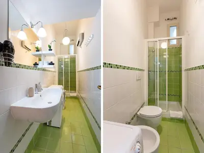 two images of a bathroom with a sink and a toilet at La Locanda Bertani in Rome