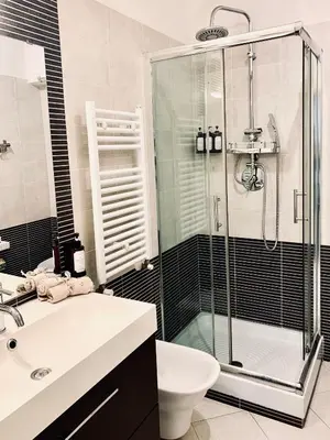 a bathroom with a shower and a sink and a toilet at PortamiPortese Trastevere Terrace in Trastevere