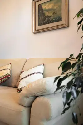 a couch with two pillows and a picture on the wall at AURELIA LORIS HOUSE in Rome