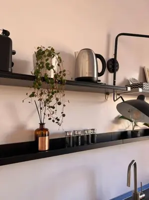 a kitchen shelf with a potted plant on it at Lovely art&design 2 bdrms flat in Rome