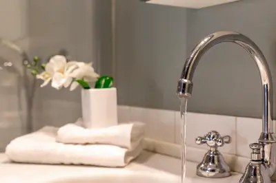 a bathroom sink with a faucet and a vase of flowers at iFlat Magical flat by the Tiber in Rome