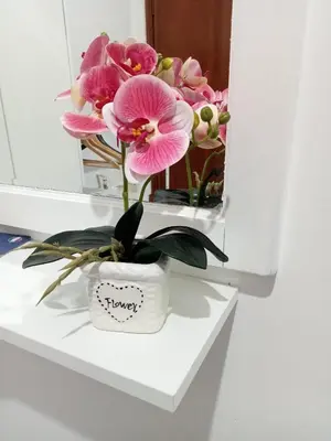 a white vase with pink flowers on a shelf at House Vaticano in Rome