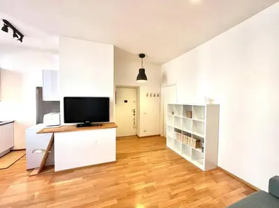 a living room with a flat screen tv and white cabinets at The Fontana Carlotta at Garbatella in Rome