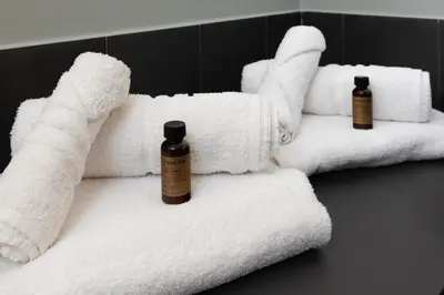a set of towels with two bottles of shampoo at Trastevere Charming Rosa Apartment in Rome