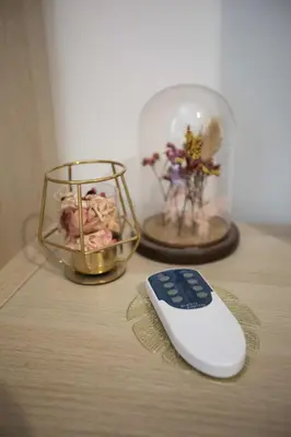 a remote control sitting next to a glass container with flowers at Stanza da Apollo e Diana in Rome