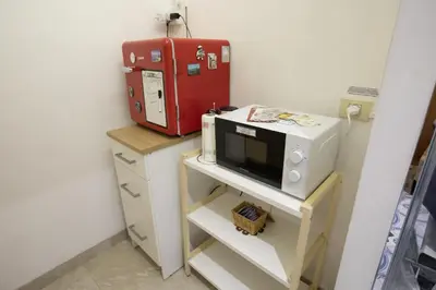 a microwave sitting on top of a shelf with a box at Stanza da Apollo e Diana in Rome