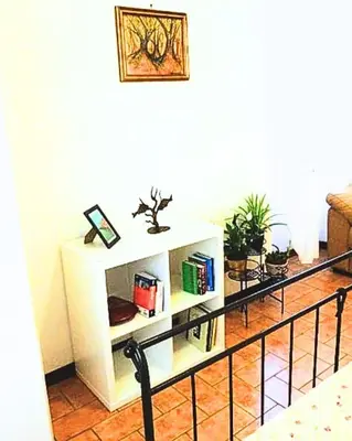 a white book shelf in a living room at Rome artist house in Rome