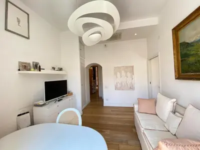 a living room with a white couch and a tv at ART ATELIER VITELLESCHI in Rome