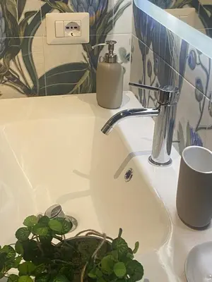 a bathroom sink with a soap dispenser on it at Eutierra BLeisure Stay in Rome