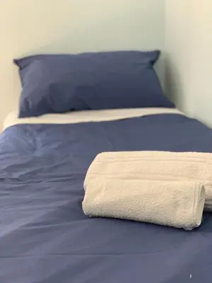 a bed with a blue pillow and a white towel on it at Home Carpiceci in Rome