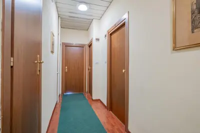 a hallway with wooden doors and a green carpet at Hotel Monte Verde in Rome