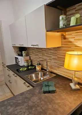 a kitchen with a sink and a lamp on a counter at Blessed Way in Rome