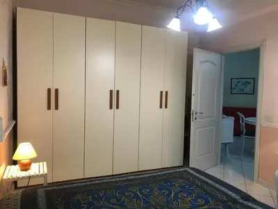 a living room with white cabinets and a rug at Perla Vaticana in Rome
