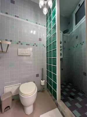 a bathroom with a toilet and a shower with green tiles at Beloved Trastevere in Rome