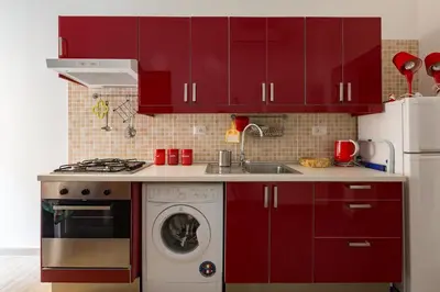 a kitchen with red cabinets and a washing machine at Flat Between The Vatican and Piazza del Popolo in Rome