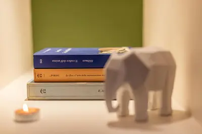 a toy elephant standing in front of three books at Diana - Romantic Suite in Rome