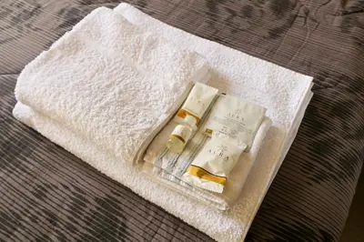 two bottles of soap sitting on a white towel at FLOWER HOUSE in Rome