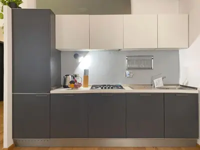 a gray kitchen with white cabinets and a stove at Via Giulia apartment / historic center of Rome in Rome