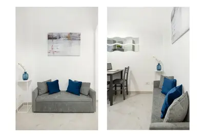 two pictures of a living room with a couch and a table at White Flat San Lorenzo in Rome